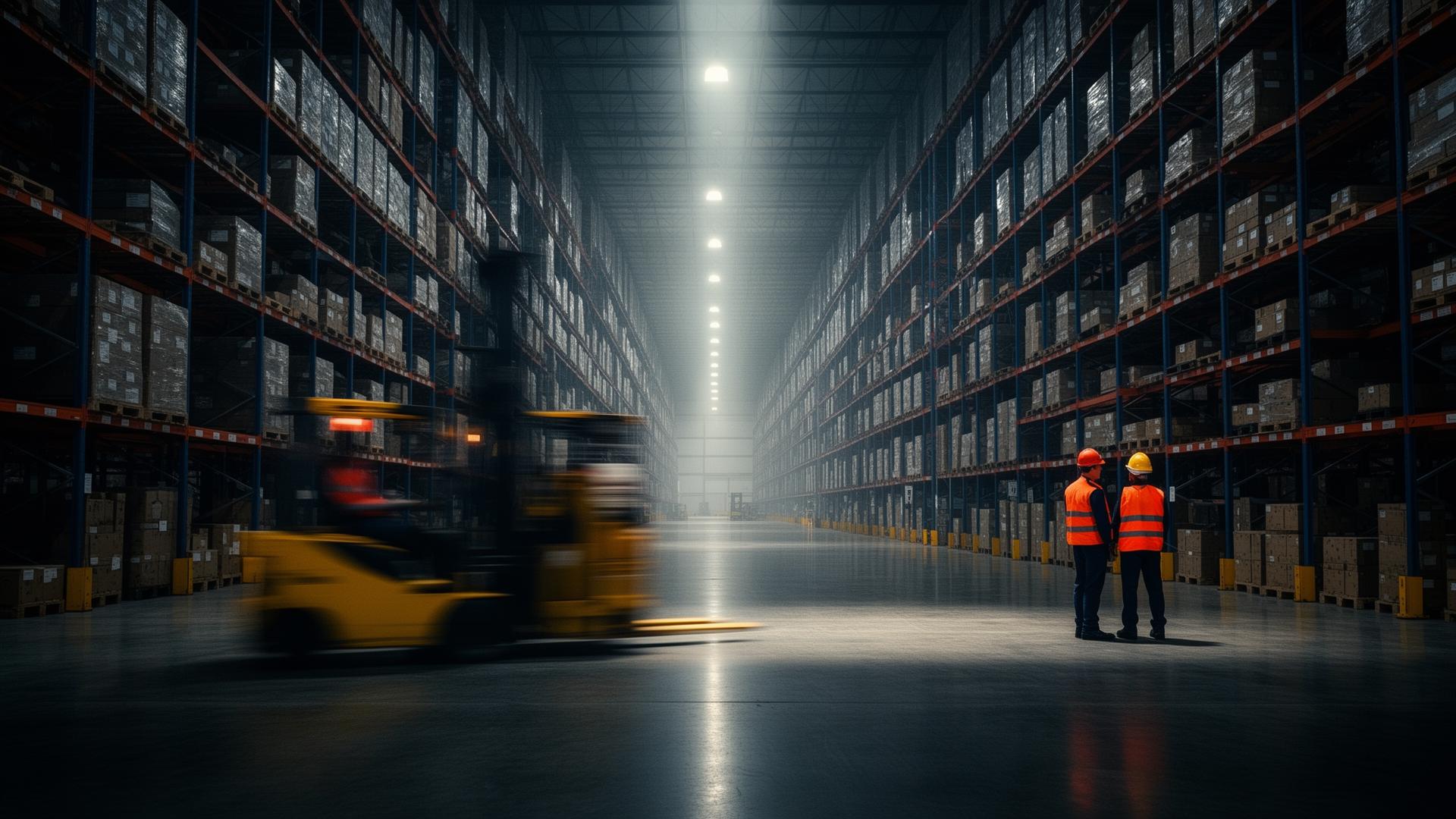 Galpão logístico industrial com estruturas porta-paletes, empilhadeira e operadores com EPI