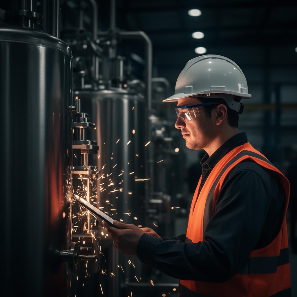 Técnico RADKE com EPI inspecionando equipamento industrial em inox